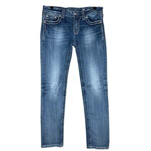 Miss Me Bold Stitch Jeans Size 30 Low Rise Skinny Distressed Bling Pockets
